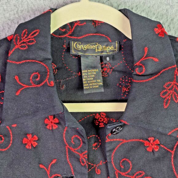 Christine Phillipe Womens Blazer 8 Black Red Floral Embroidered Cotton Pockets - Picture 9 of 15
